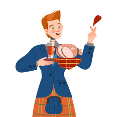 Gastronomic Tourism with Man Character Holding Authentic Scottish Dish of Haggis Vector Illustration