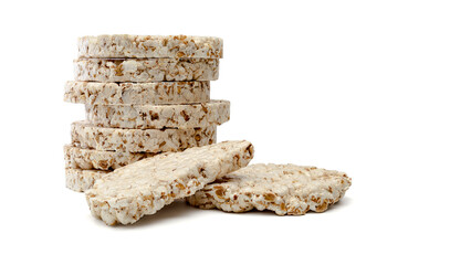 Fitness crispbreads isolated on white background. Healthy diet food. Whole grain crispy bread. Diet bread.