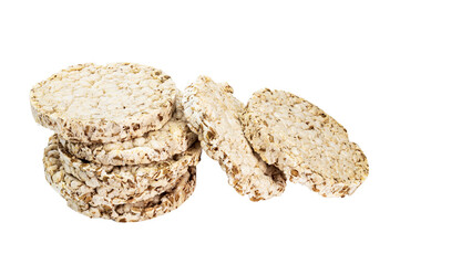 Fitness crispbreads isolated on white background. Healthy diet food. Whole grain crispy bread. Diet bread.