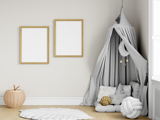 kids room frame mockup, poster mockup in modern nursery interior, 3d render