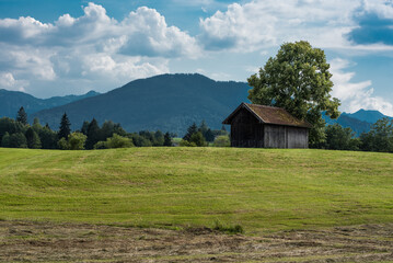 Fototapeta na wymiar Scenic view over the German countryside around the village Bad Kohlgrub, Bavaria.