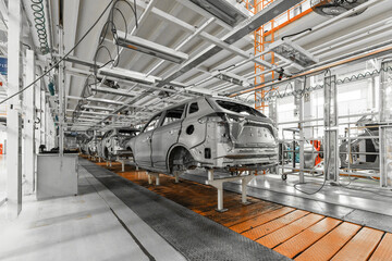 Plant for production of cars. Modern automotive industry. Electric car factory, conveyor