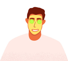 A flat vector cartoon illustration of a man with a nourishing mask on his face and cucumbers on his eyes. The concept of morning routine and skin care.