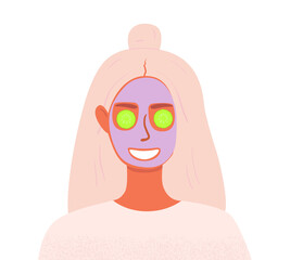 A flat vector cartoon illustration of a woman with a nourishing mask on her face and cucumbers on her eyes. The concept of morning routine and skin care.