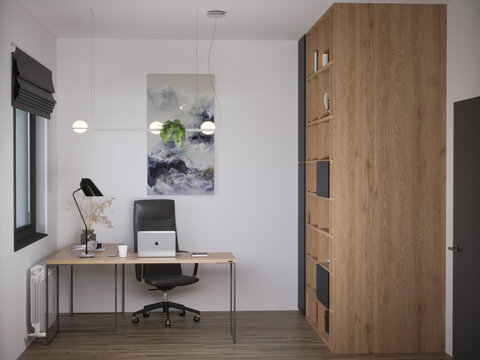 3d rendering of home office cabinet work place