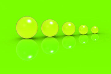 Five glass balls of different sizes of yellow color on Lime Green background. Growth of something. Progress. Horizontal image. 3D image. 3D rendering.