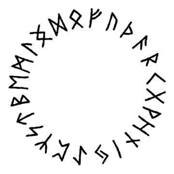 Vector set of ancient Old Norse runes Elder Futhark. 24 runes in circle. Mystical, esoteric, occult, magic symbols. Viking style, design template