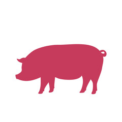 Pig silhouette, red on white background. Vector illustration symbol template for food packaging design.