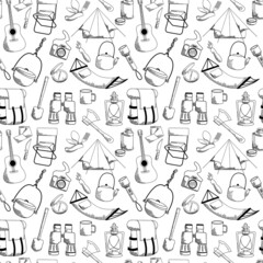 Seamless pattern of isolated items for camping and travel in vector