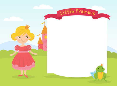 Cute little princess frame for photos, adorable girl with blank sign board vector illustration