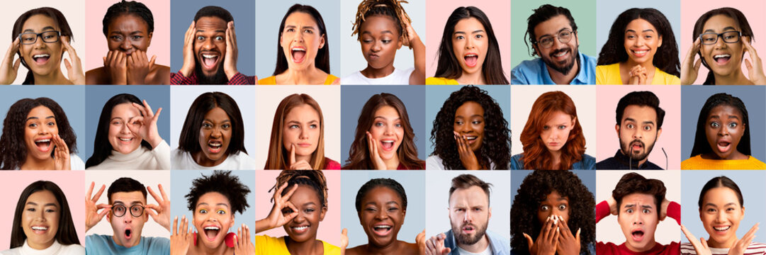Multiethnic millennial people students showing different emotions, set of photos
