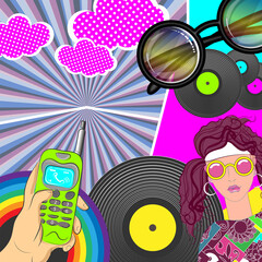 Memphis style collage. Girl with glasses, a hand with a phone, vinyl records, rainbow, clouds, rays and other objects, united by a single concept. Vector illustration