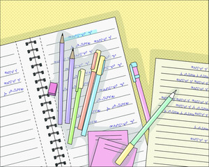 Pens and pencils on notebook in line, vector illustration