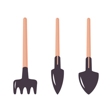 Garden tools, shovels and rake. Gardening equipment. Vector illustration.  