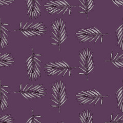 Palm leaves seamless pattern. Tropical branch in engraving style.