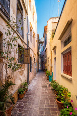 Scenic picturesque streets of Chania venetian town with coloraful old houses. Chania greek village in the morning. Chaniaa, Crete island, Greece