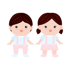vector character of smile cute boy and girl children standing in kindergarten school uniform, flat design cartoon