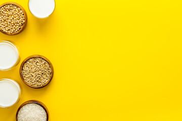 Non dairy vegan milk with nuts and cereals. Diet nutrition concept