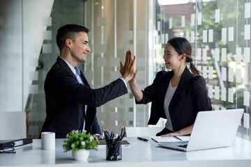 Portrait of businesspeople making handshake in the office, business etiquette, congratulation, merger and acquisition concepts, panoramic banner