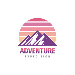 Mountain badge design. Hiking climbing circle emblem. Adventure outdoor expedition logo sign. Vector illustration.   - 486493771