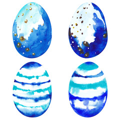 Easter eggs set in blue colors. Hand drawn by watercolor elements for holiday design card, poster, invitation.