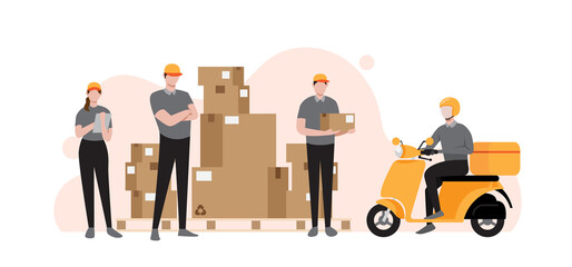 Delivery service team staffs with many parcel boxes, vector illustration
