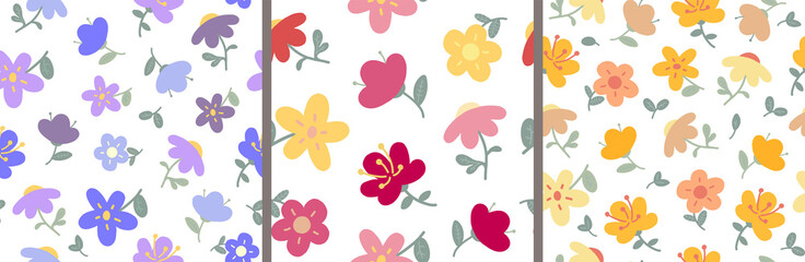 baby drawing cute flowers. set of gentle seamless patterns for fabric, wrapping paper, wallpaper.