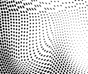 The halftone texture is chaotic monochrome. Abstract black and white waves background of dots. Backdrop for the design of websites, business cards, posters