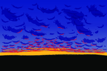 Sunset sky with cumulus clouds, vector illustration