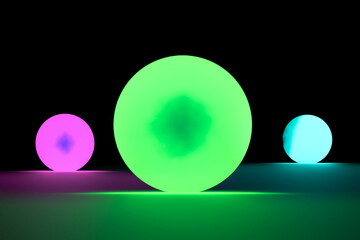 Glowing colorful neon circles. Illuminated colorful neon balloons. 3D illustration. Neon backlight design.Abstract neon.