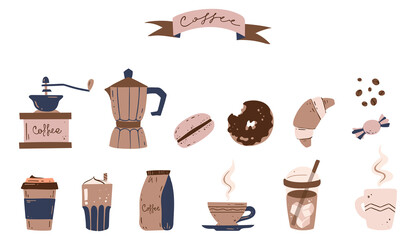 Set of coffe stuff cartoon style drawings, color vector illustration