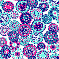 Original vector seamless pattern with doodle circles in the ethnic style of India, Persia and other Arab and Eastern countries. Variegated and multi-colored ornament for printing on fabrics