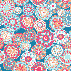 Original vector seamless pattern with doodle circles in the ethnic style of India, Persia and other Arab and Eastern countries. Variegated and multi-colored ornament for printing on fabrics