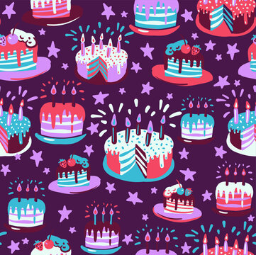 Bold and bright trendy pattern with repeating painted cakes. Wallpaper with desserts for any holiday and party to print on fabrics for clothes and paper for scrapbooking