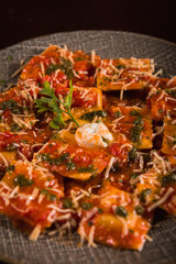 Perfect Pasta Classic Pizza Homemade Artisan Bacon Tomato Sauce Sausage Sweet Melted Cheese Onion Chicken Meat Shrimp Menu Gourmet on a Dark Background