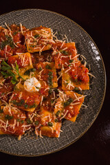 Perfect Pasta Classic Pizza Homemade Artisan Bacon Tomato Sauce Sausage Sweet Melted Cheese Onion Chicken Meat Shrimp Menu Gourmet on a Dark Background