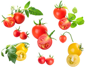 Young beautiful yellow and red cherry tomatoes whole and halves with fresh young green leaves isolated on a white background