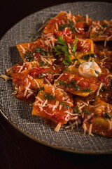 Perfect Pasta Classic Pizza Homemade Artisan Bacon Tomato Sauce Sausage Sweet Melted Cheese Onion Chicken Meat Shrimp Menu Gourmet on a Dark Background