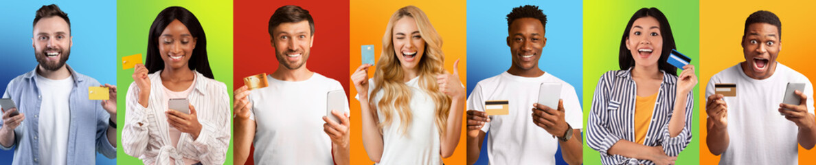 Excited diverse people using smart phones showing credit cards