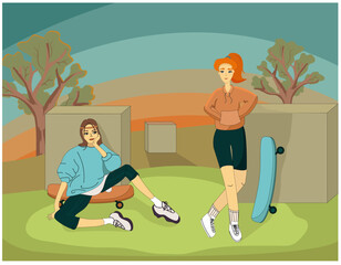 Two girls sportswomen ride skateboards in the park at sunset.