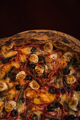 Perfect Pasta Classic Pizza Homemade Artisan Bacon Tomato Sauce Sausage Sweet Melted Cheese Onion Chicken Meat Shrimp Menu Gourmet on a Dark Background