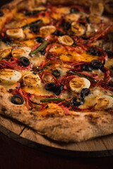 Perfect Pasta Classic Pizza Homemade Artisan Bacon Tomato Sauce Sausage Sweet Melted Cheese Onion Chicken Meat Shrimp Menu Gourmet on a Dark Background