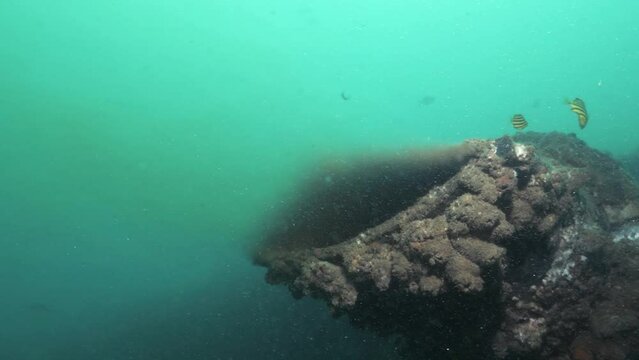 Unique view of an underwater sewer pipe discharging dirty wastewater into the ocean.