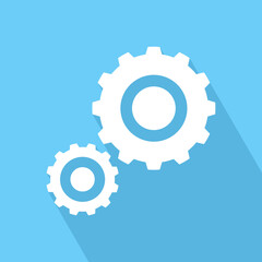 Gears icon on blue background.