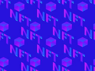 NFT token isometric text with cube seamless pattern. NFT non-fungible token. Digital art in blockchain technology. Design for banners and promotional items. Vector illustration