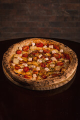 Perfect Pasta Classic Pizza Homemade Artisan Bacon Tomato Sauce Sausage Sweet Melted Cheese Onion Chicken Meat Shrimp Menu Gourmet on a Dark Background