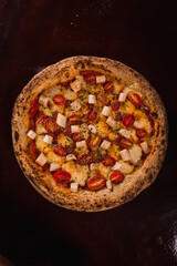 Perfect Pasta Classic Pizza Homemade Artisan Bacon Tomato Sauce Sausage Sweet Melted Cheese Onion Chicken Meat Shrimp Menu Gourmet on a Dark Background