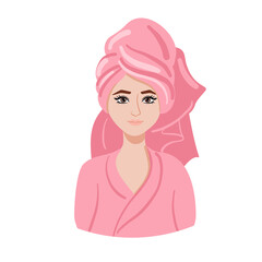 Woman in a pink bath robe and towel on her hair. Woman after bath vector illustration.  