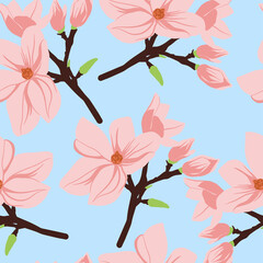 Magnolia flowers pattern. Seamless floral background. Repeating botanical print with blooms for wallpaper and wrapping. Delicate flora texture. Colored flat vector illustration