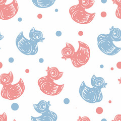 Seamless patter of colorful little ducklings. Cartoon character drawn in doodle style. Design for baby clothes, posters, postcards
